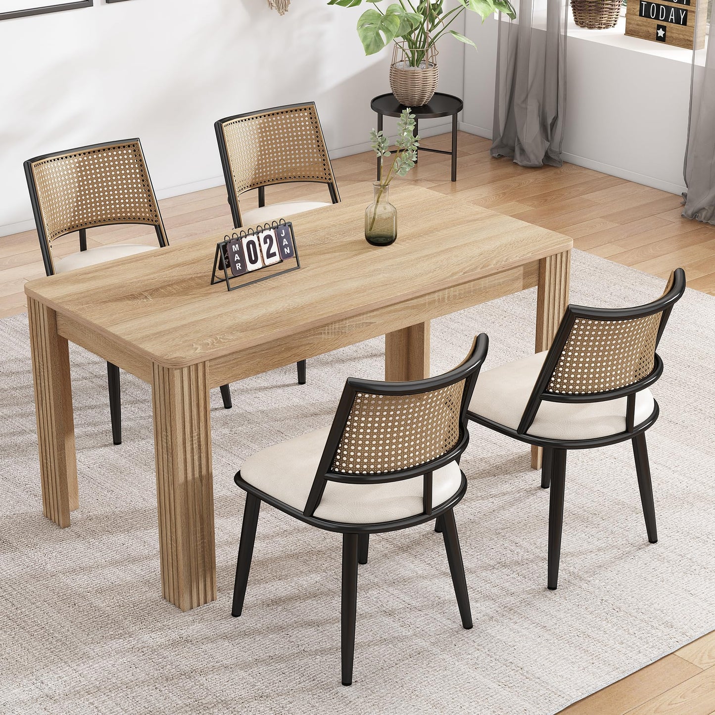 Merax Set of 4 Dining Chairs Kitchen Chairs with PU Seat and Rattan Backrest, Upholstered Chair for Dining Room, Living Room and Bedroom, Metal Frame, Beige