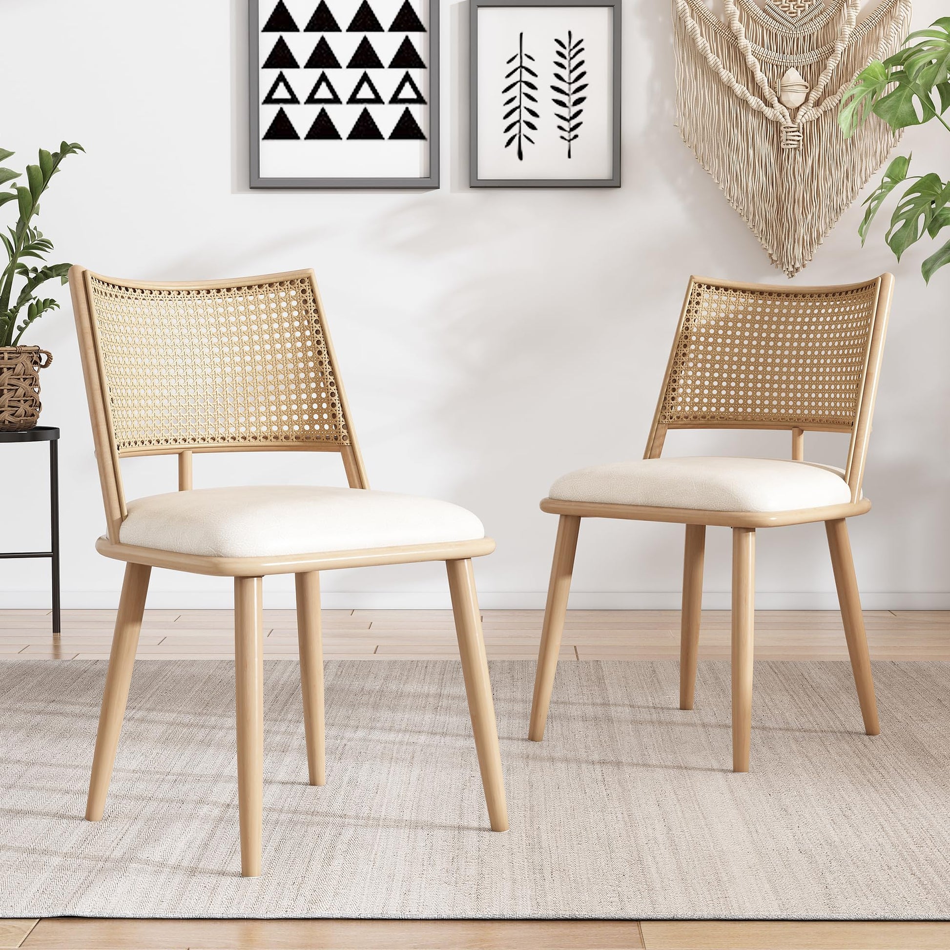 Merax Set of 4 Dining Chairs Kitchen Chairs with PU Seat and Rattan Backrest, Upholstered Chair for Dining Room, Living Room and Bedroom, Metal Frame, Beige