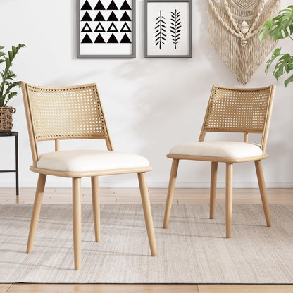 Merax Set of 4 Dining Chairs Kitchen Chairs with PU Seat and Rattan Backrest, Upholstered Chair for Dining Room, Living Room and Bedroom, Metal Frame, Beige